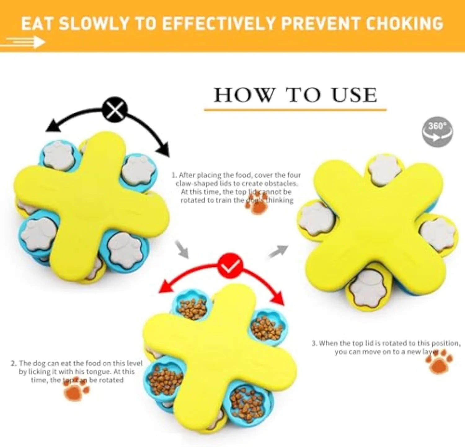 Yellow three-layer rotating dog puzzle feeder toy with claw-shaped lids on an anti-slip base.