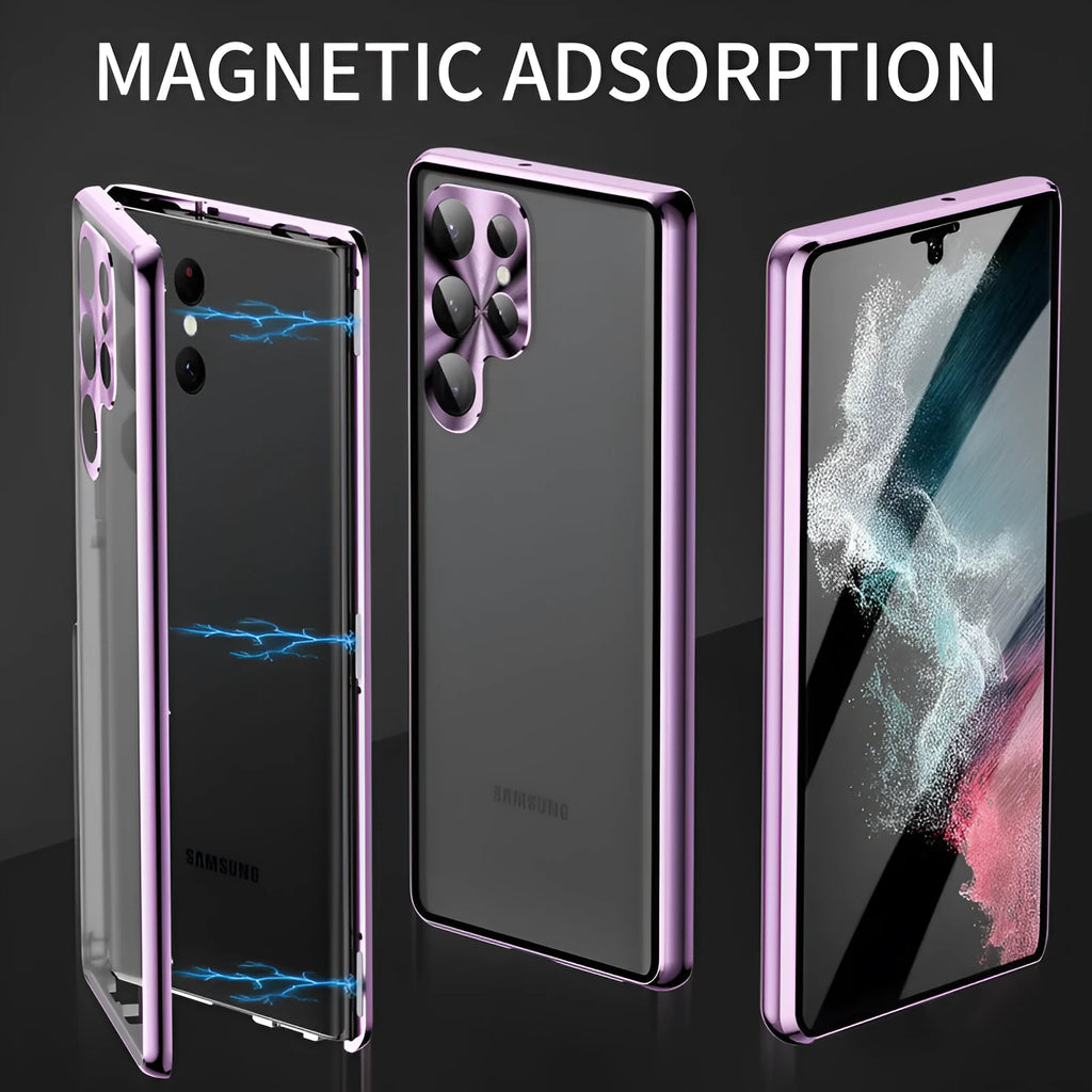 Magnetic mirror phone case for Samsung Galaxy S24 Ultra in silver colour, showing peep-proof cover closed.
