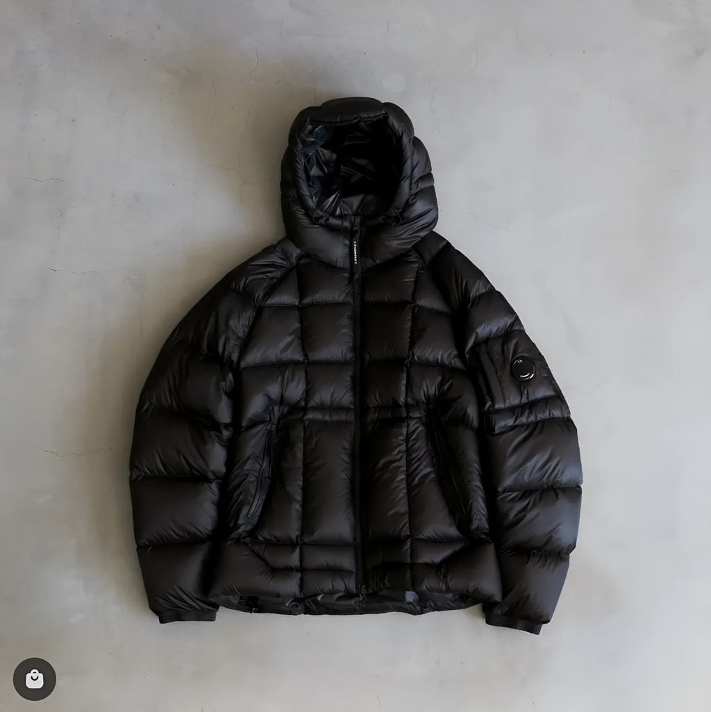 Men's winter hooded cotton coat in black with zippered pockets, plain front, and straight hem