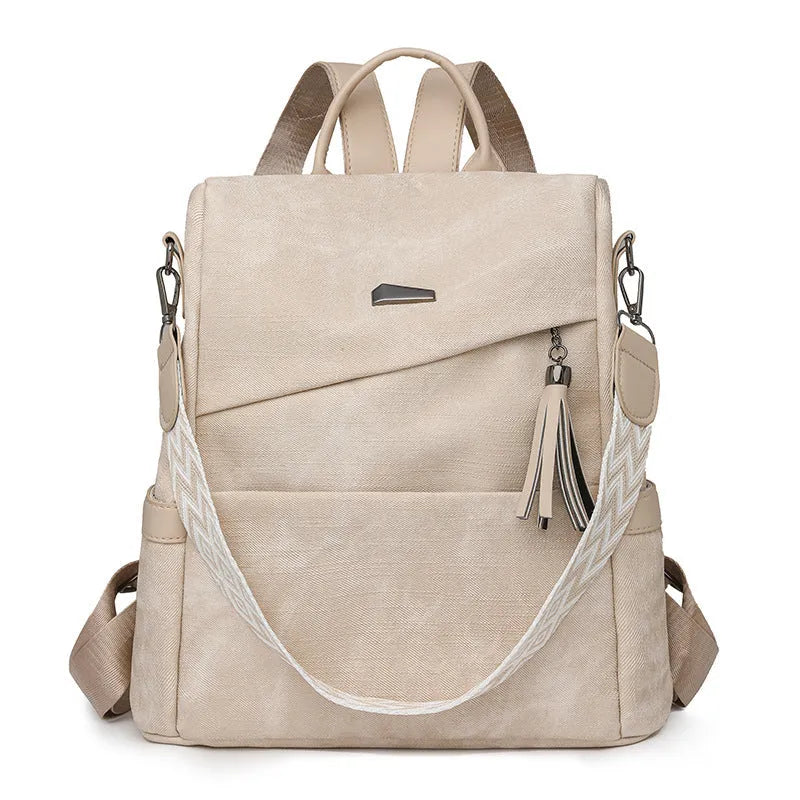 Women's PU leather national style contrast colour backpack with multiple pockets, available in beige, black, blue, dark brown, khaki, and light blue