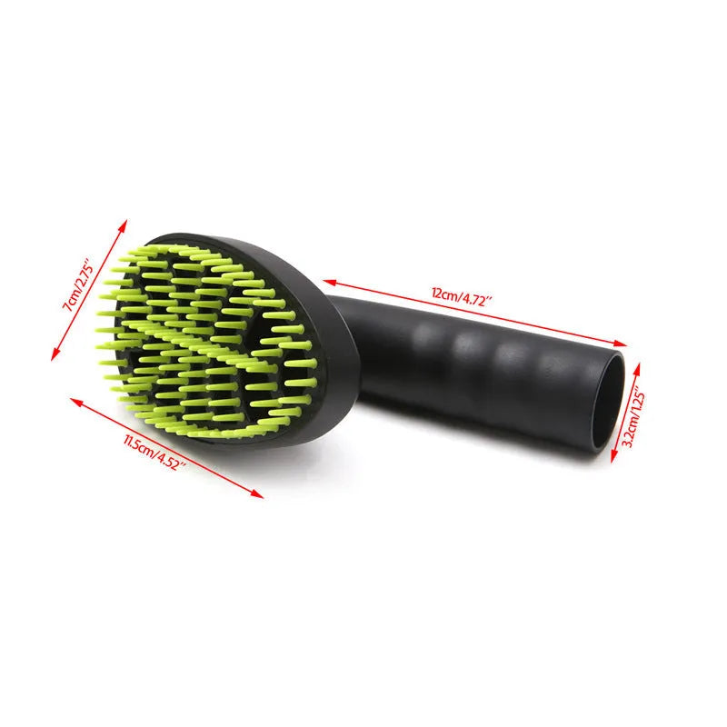 Green and black pet grooming brush vacuum attachment with soft TPE bristles and rotatable head