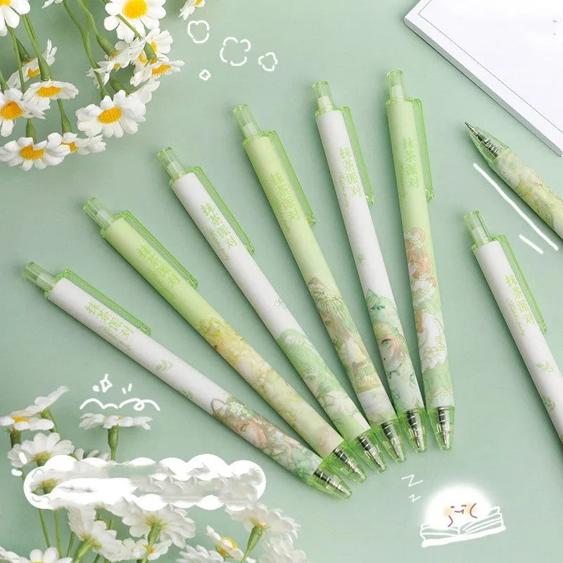 Set of six 0.5mm neutral pens with plastic cases and stainless steel nibs in matcha party and other patterns