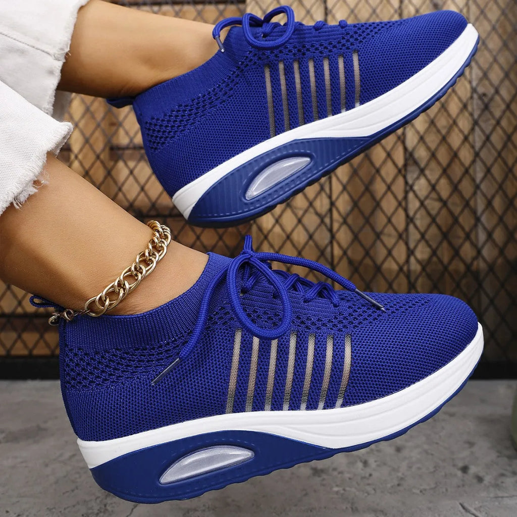 Women's mesh upper lace-up slip-on wedge sports shoes in black, low-top style with mid heel