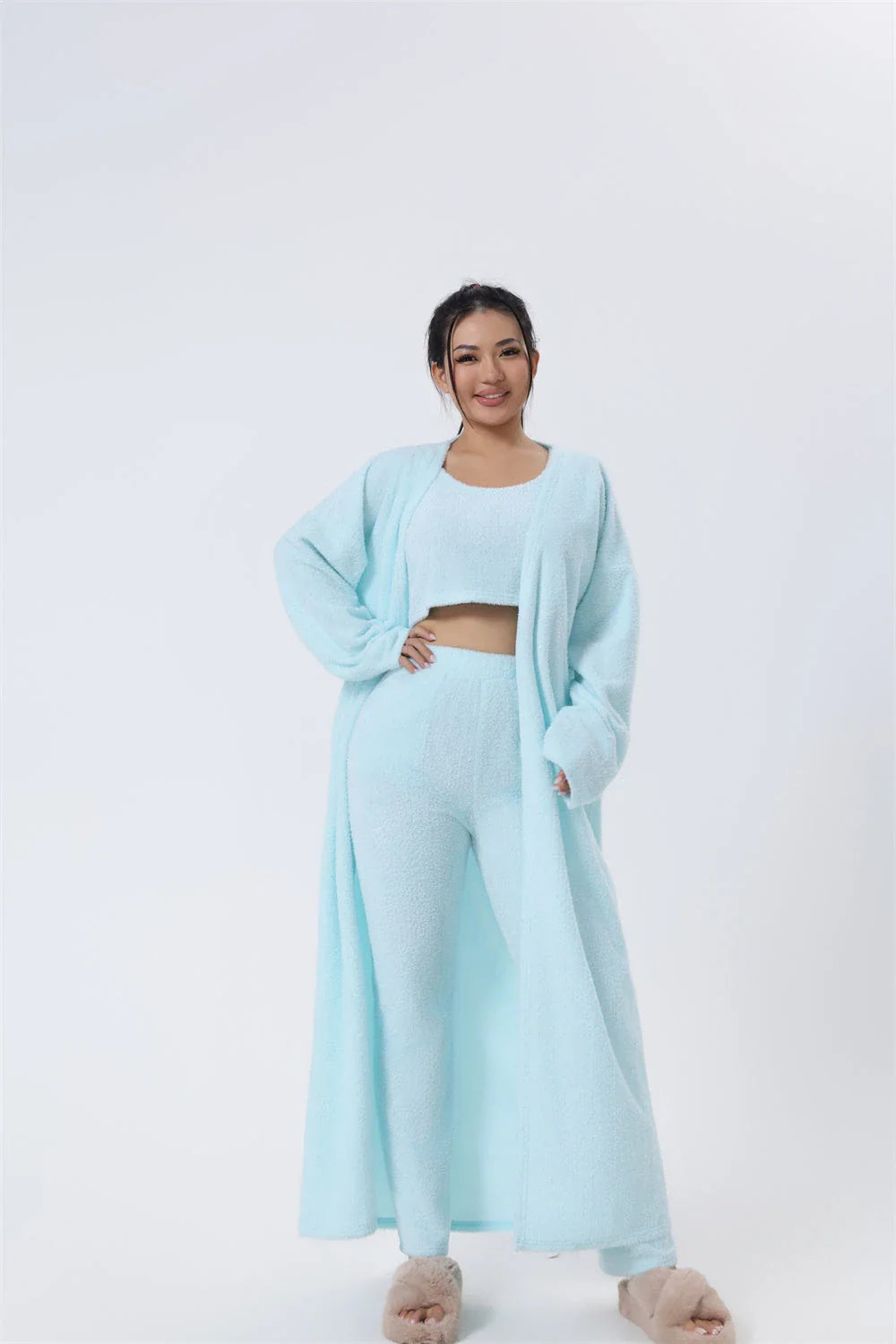 Cozy 3-Piece Loungewear Set - Soft and fluffy women's winter pajama set with crop top, wide-leg pants, and matching pullover