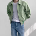 Loose fit Hong Kong style short jacket in brown suede fabric with lapel collar, front view