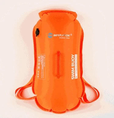 Double Airbag Swimming Buoy with detachable shoulder strap and waterproof backpack in fluorescent orange