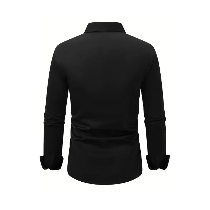 Men's business button down shirt in velvet polyester fabric, long sleeve lapel style, solid colour available in navy blue