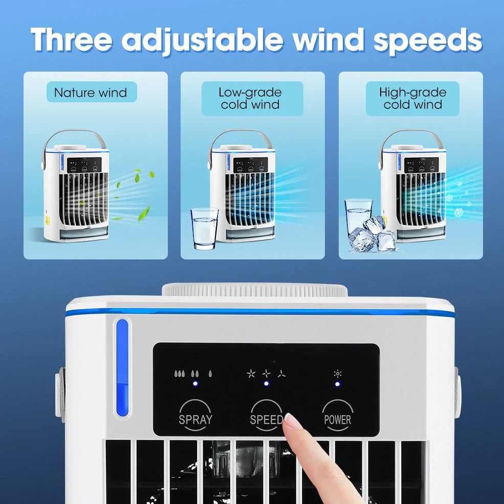 Compact white USB mini air cooler with humidification spray function and control button
