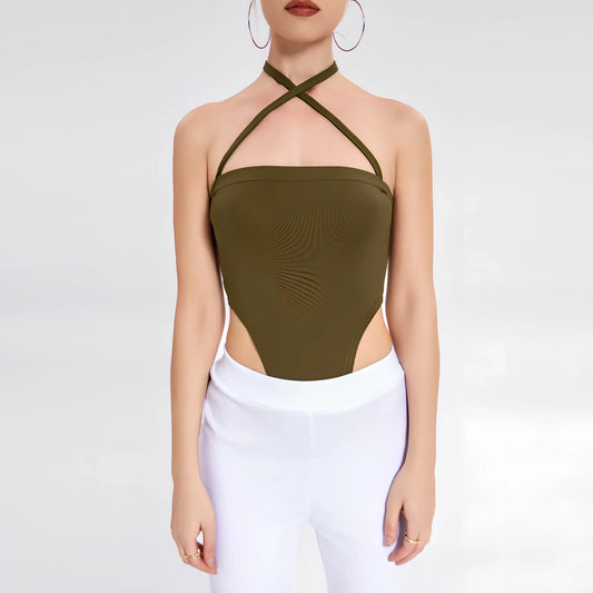 Dark green women's one-shoulder bodysuit with short 15cm sleeves, 90% polyester 10% spandex, sizes S M L