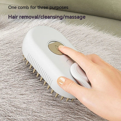 A 3-in-1 pet grooming brush with a steam spray function, designed to gently brush, massage, and moisturize your pet's coat.