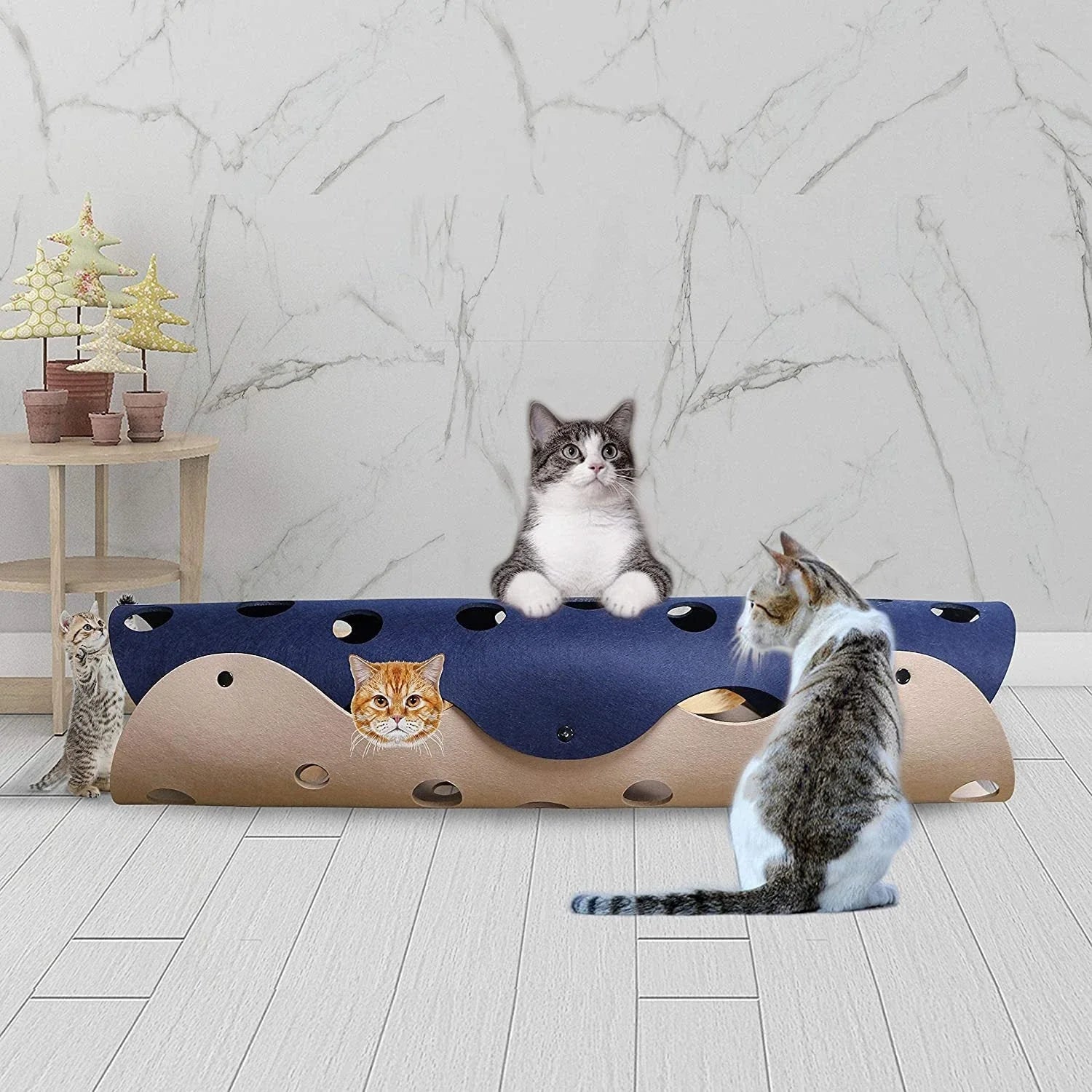 Soft, breathable felt cat tunnel toy with multiple peepholes for interactive play and exploration