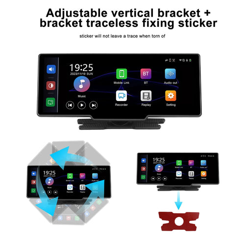 10.26-inch car DVR dash camera system with display, rear view camera, and mounting bracket