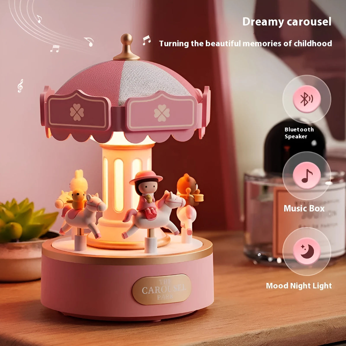 Carousel music box ambience light with USB charging, built-in battery, rotating design, and colour options Sweet Dream Girl Eternal Love Merry Christmas