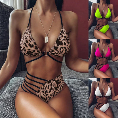 Leopard print cutout strap bikini set for women, summer beach wear