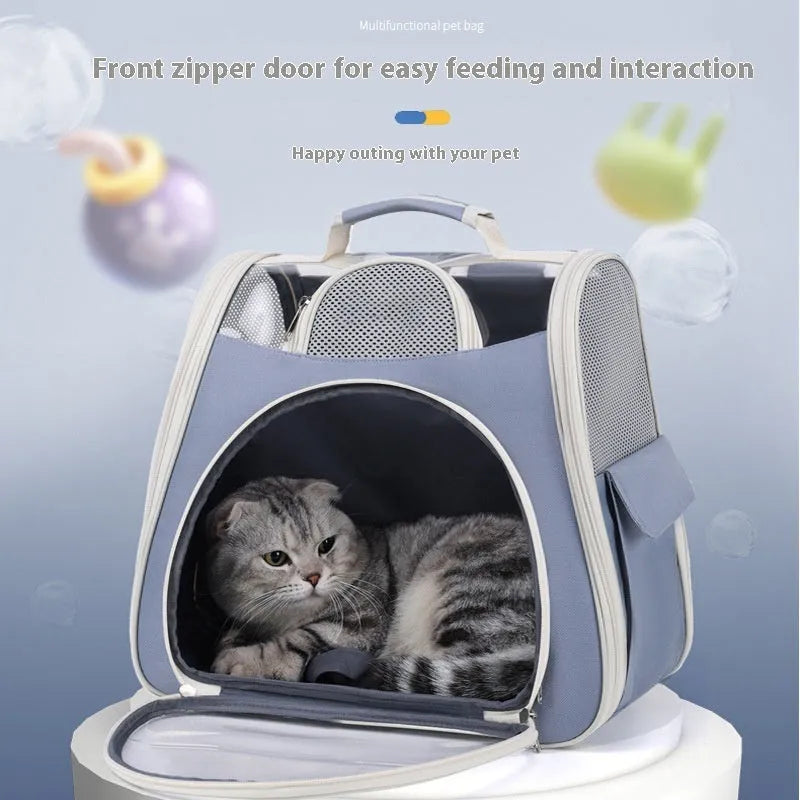 Portable foldable pet bag in blue solid colour, medium capacity, made from PU and PVC materials