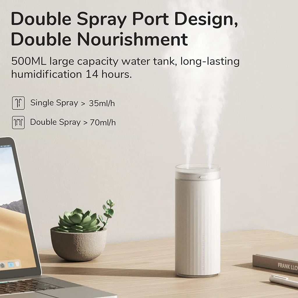 Small 500ml desk humidifier with night light and two fog outlets, USB powered, in Earth Brown