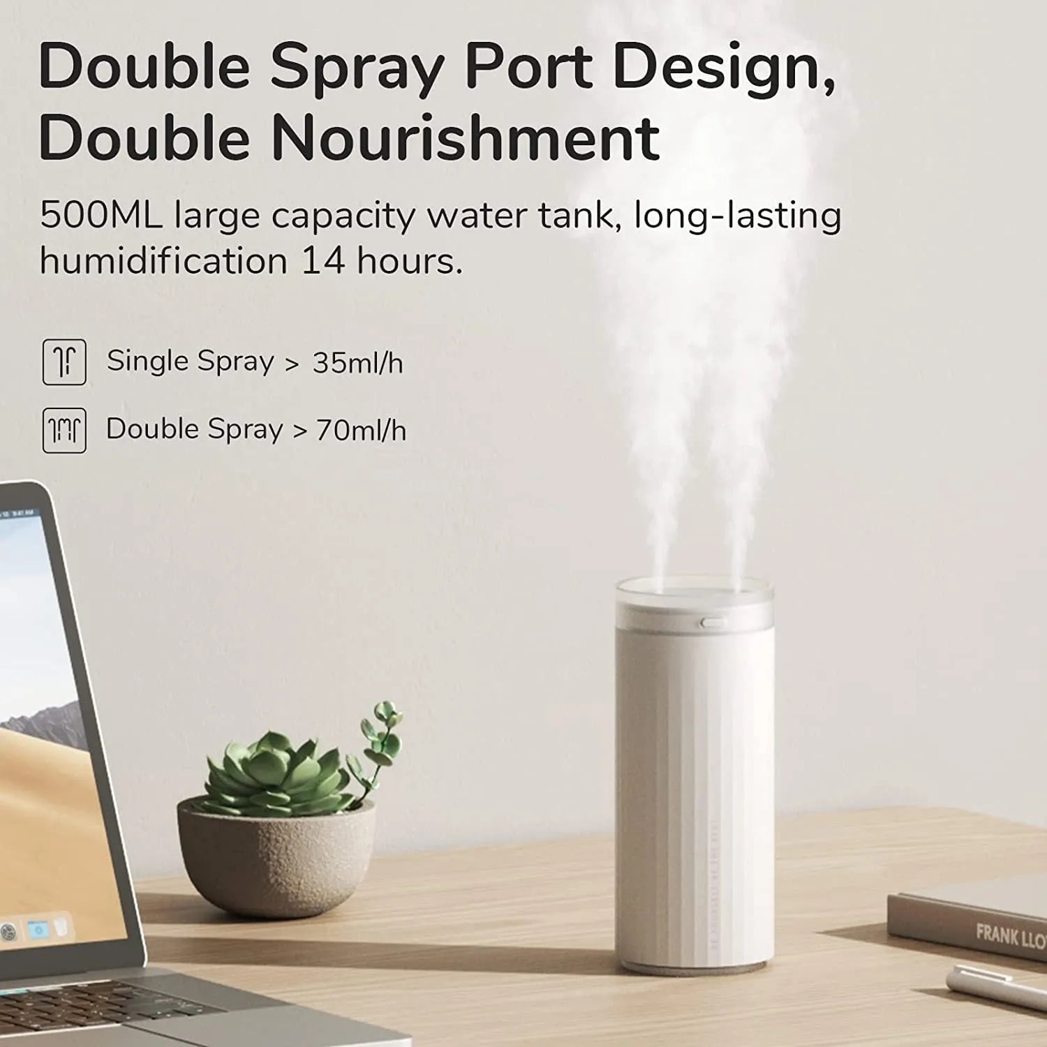 Small 500ml desk humidifier with night light and two fog outlets, USB powered, in Earth Brown