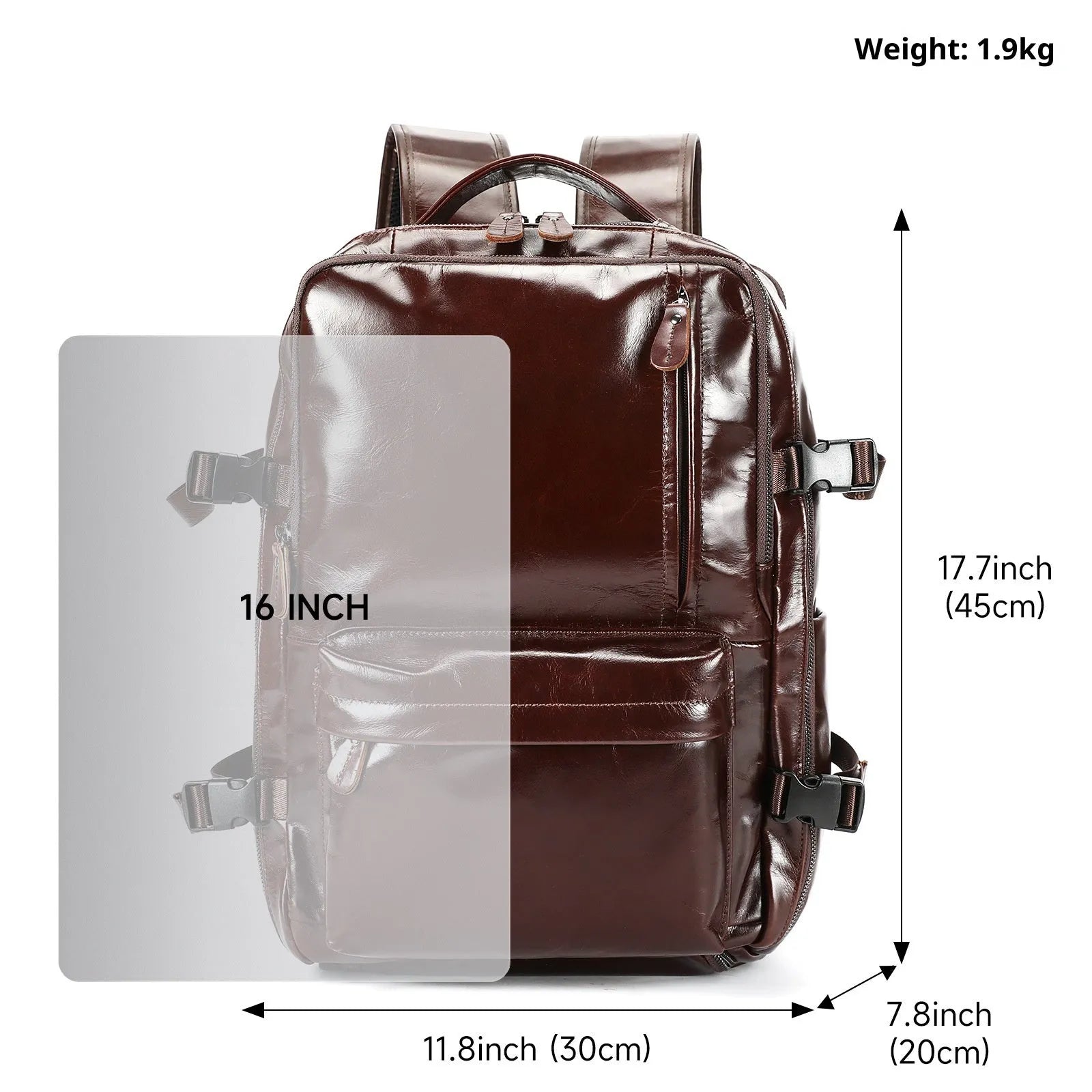 Large capacity genuine leather backpack in black, 30x20x45cm, with curved shoulder strap and retro design