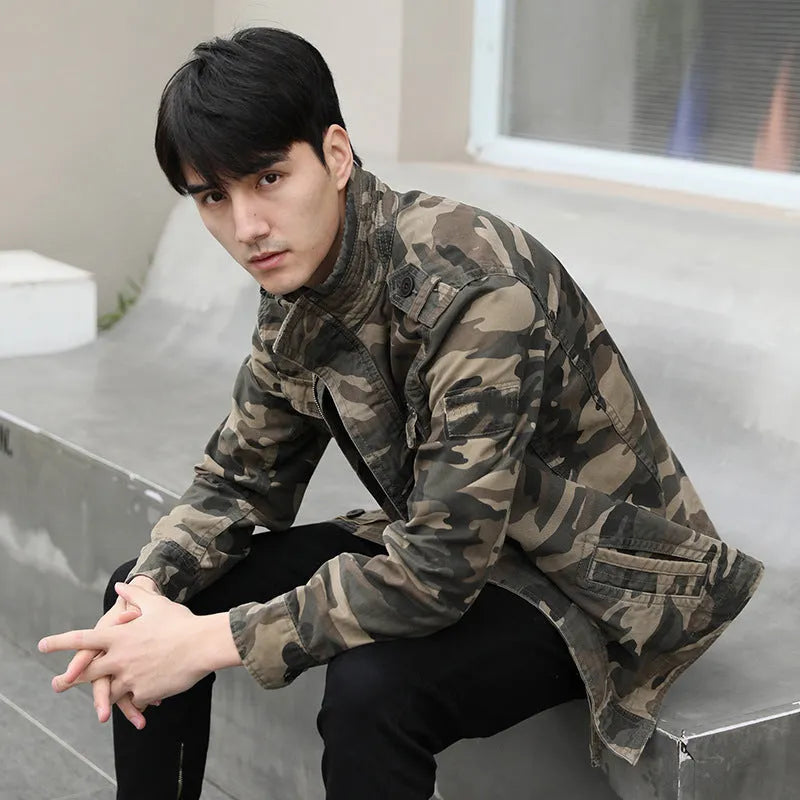 Autumn men's cotton camouflage work jacket in green camouflage, loose fit, front view