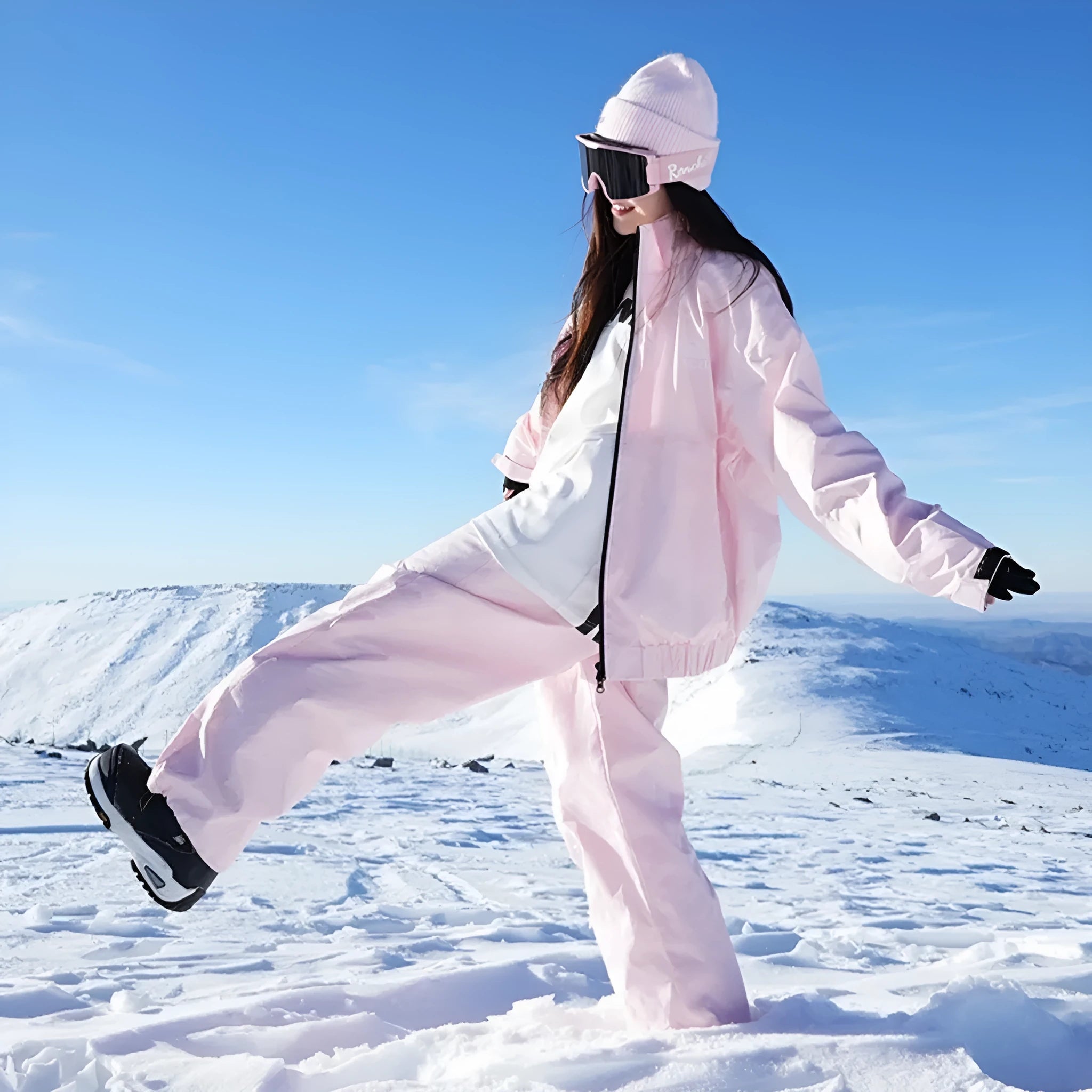 Winter waterproof ski suit set with jacket and trousers in cotton blend fabric, available in pink or black colours