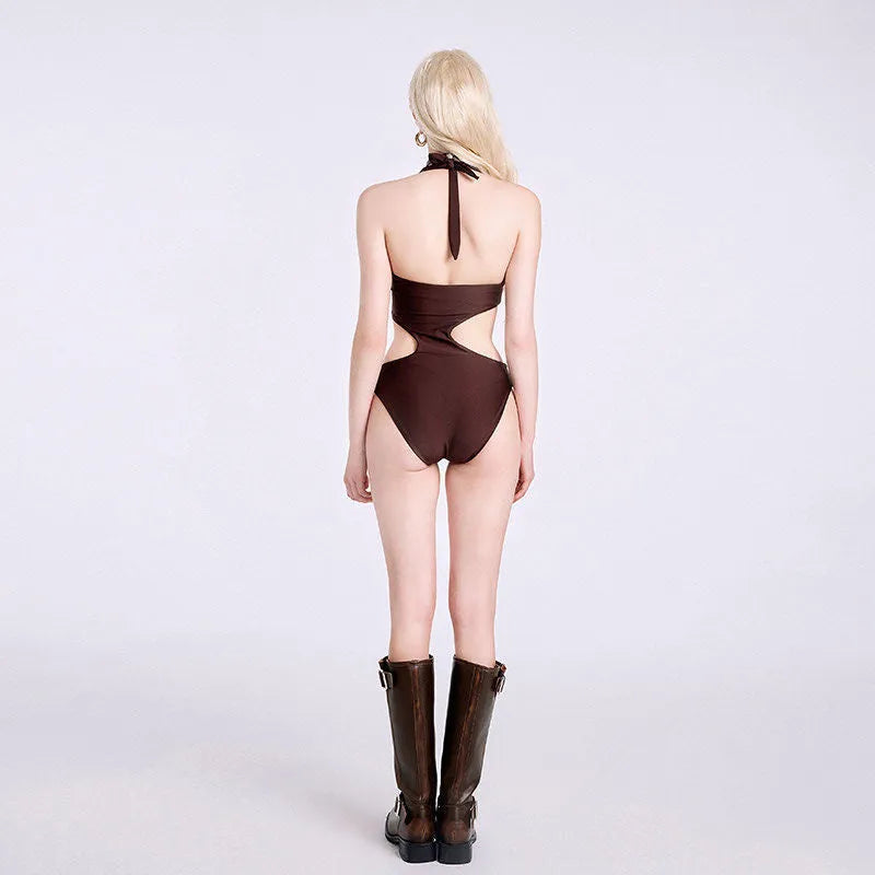 Dark brown one-piece sleeveless swimsuit for children on a mannequin.