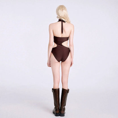 Dark brown one-piece swimsuit for children with sleeveless design on mannequin showing front view