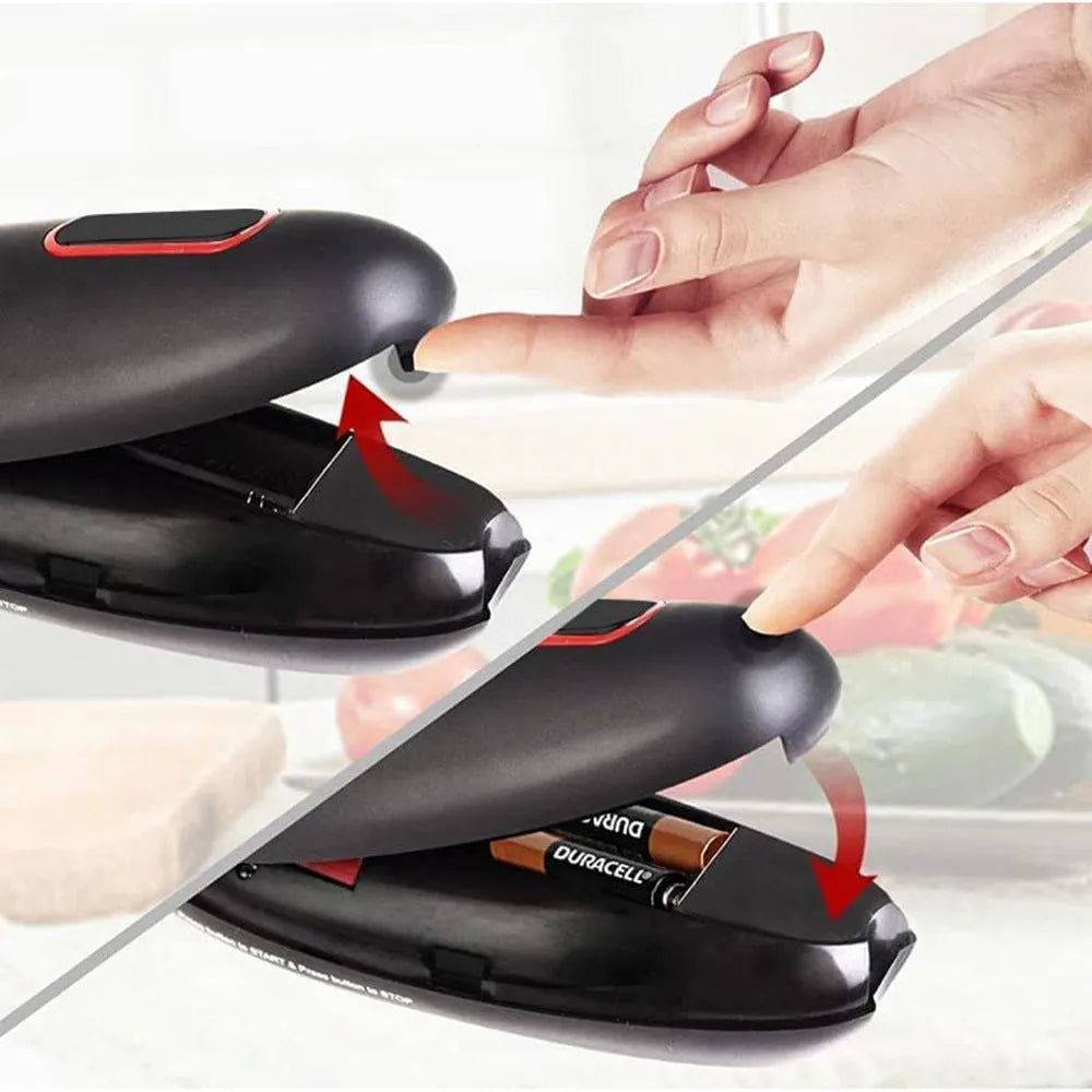 Black plastic electric can opener with battery compartment for portable kitchen use