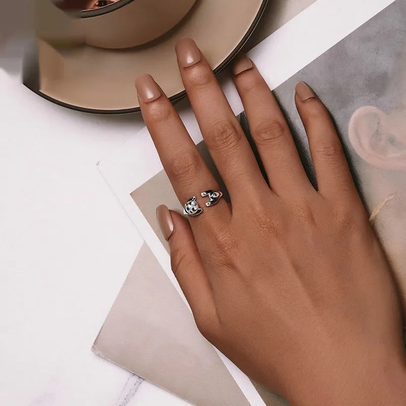 Adjustable panda open ring in sterling silver with white gold plating and SCR969-E colour