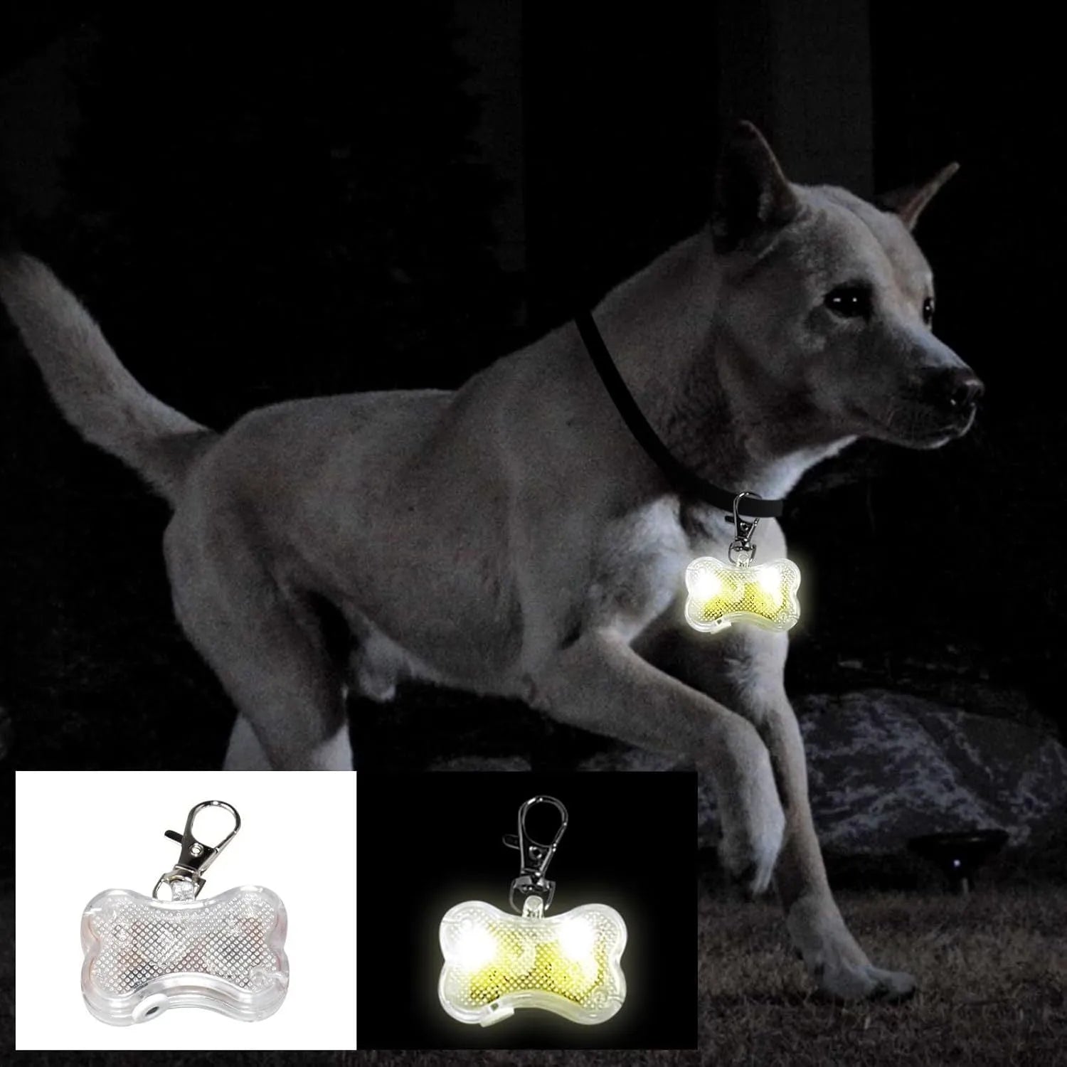 Bone-shaped LED luminous pendant for a pet collar showing blue light, next to two LR44 batteries.