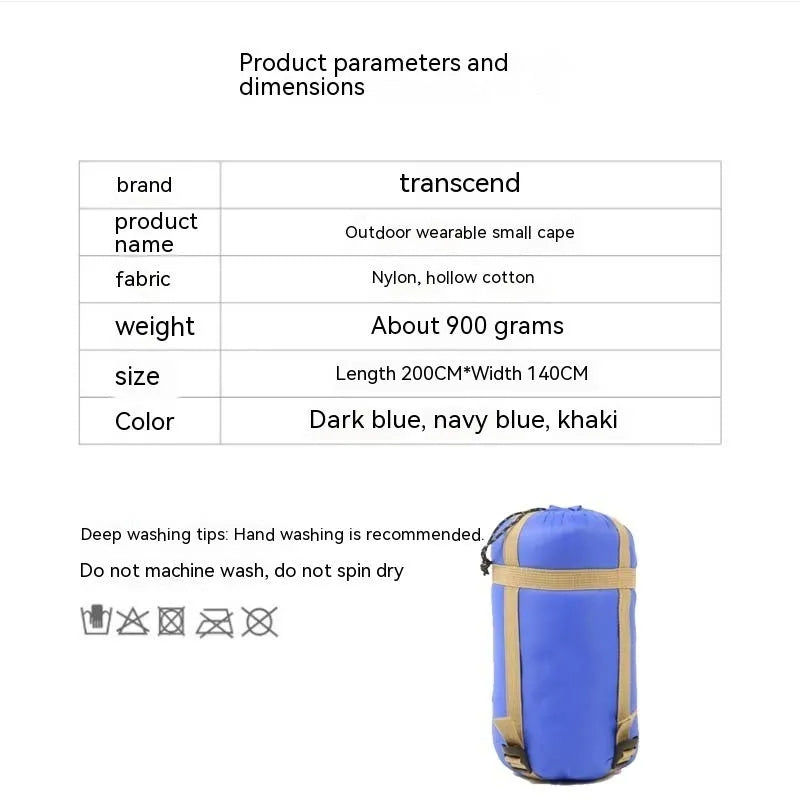 Army Green outdoor cloak sleeping bag worn as garment showing 200x140cm dimensions