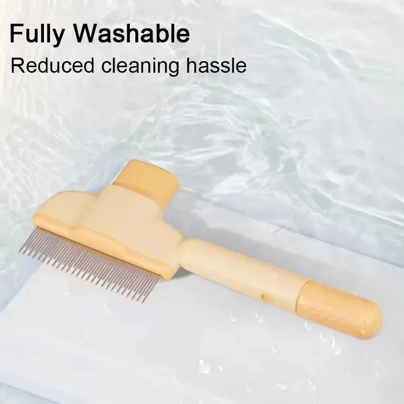 Green and yellow pet grooming brush for dogs with one-click hair removal system