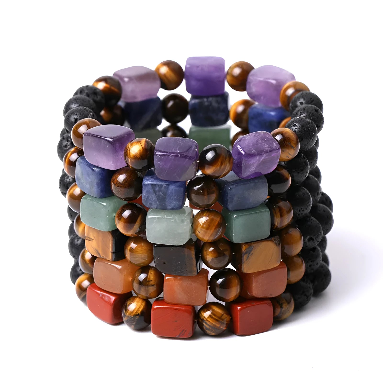 Rectangular volcanic stone bracelet in amethyst, red, brown, green, or blue colour on a wrist.