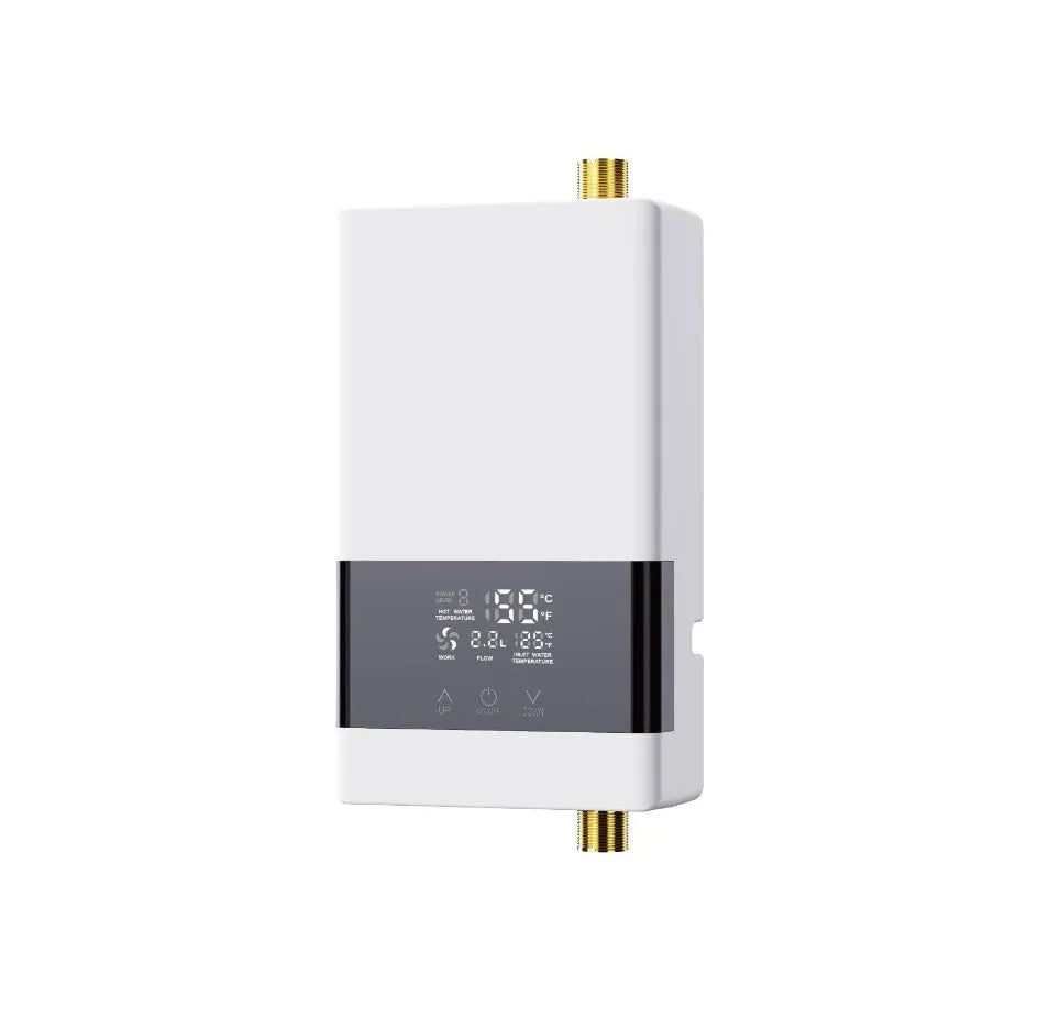 Gold instantaneous electric water heater unit with a separate white touch remote control and LED display