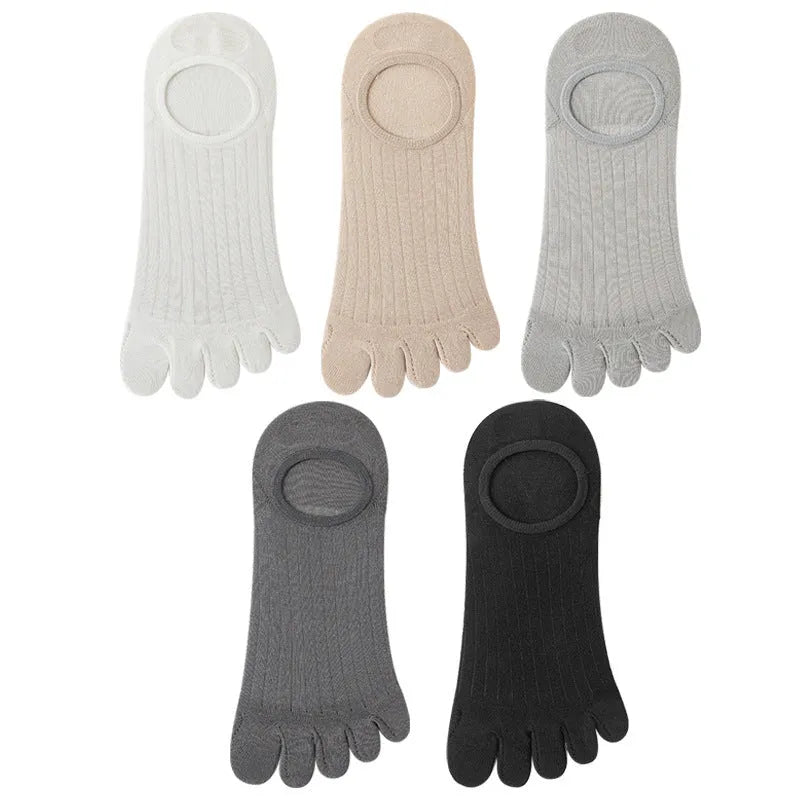Modal cotton five-finger boat socks in black colour showing ultra-thin construction and toe separation.