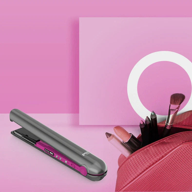 Purple USB hair straightener comb with ceramic heating plates and three temperature settings