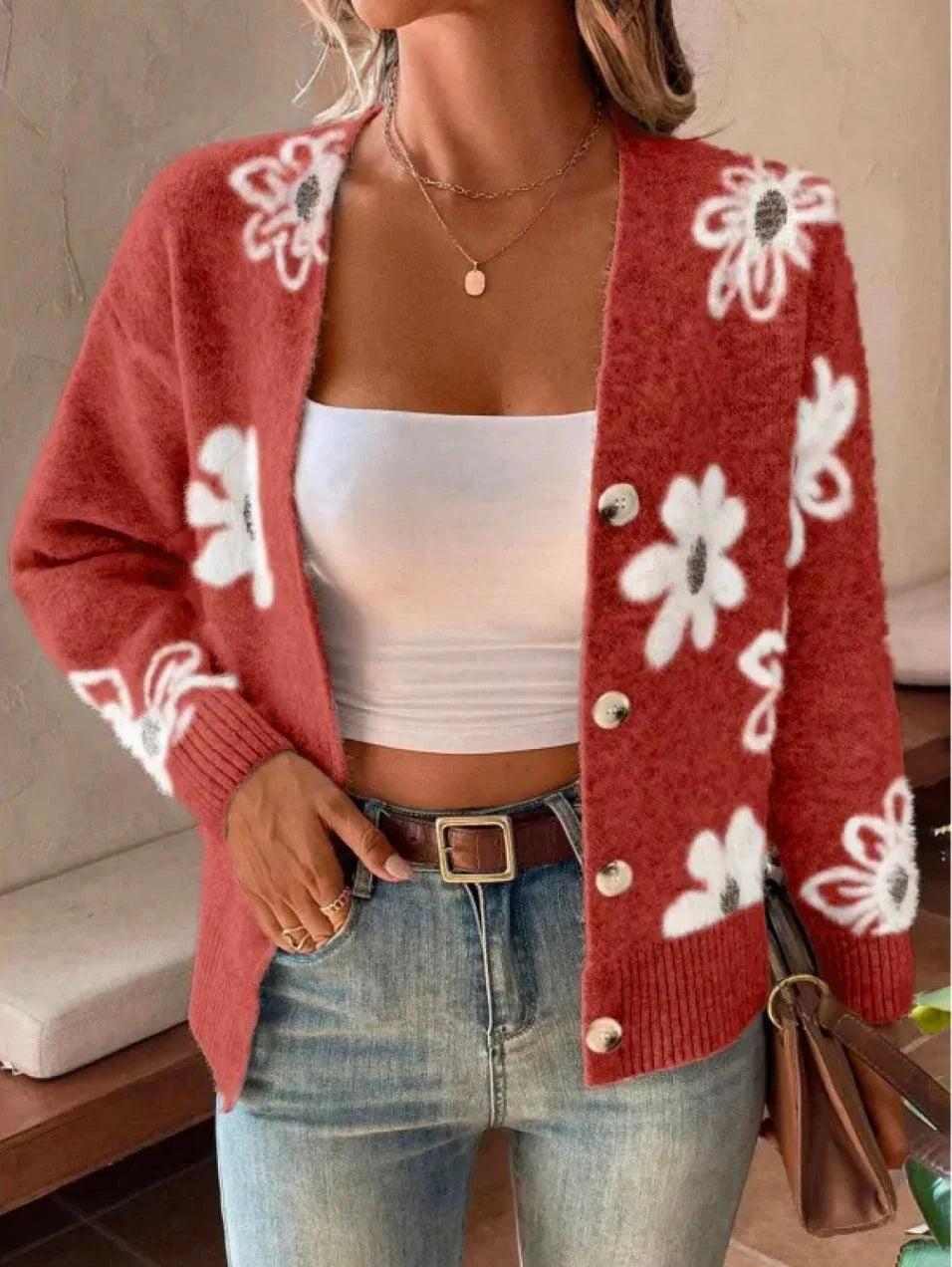 Flowers Print Button Front Cardigan in various colours, showcasing the detailed print and button-front design.