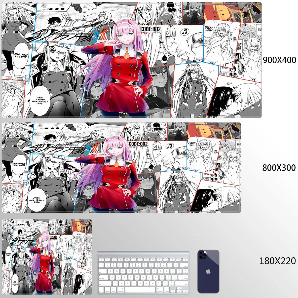 Pink Darling anime cloth keyboard mat on a desk with a mouse and keyboard