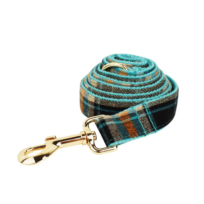 Green retro four-piece dog accessory set with collar, leash, bow and vest on cloth background