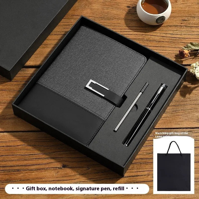 A5 soft PU leather business notebook in choice of five colours, shown with wood-free paper pages and optional gift box.