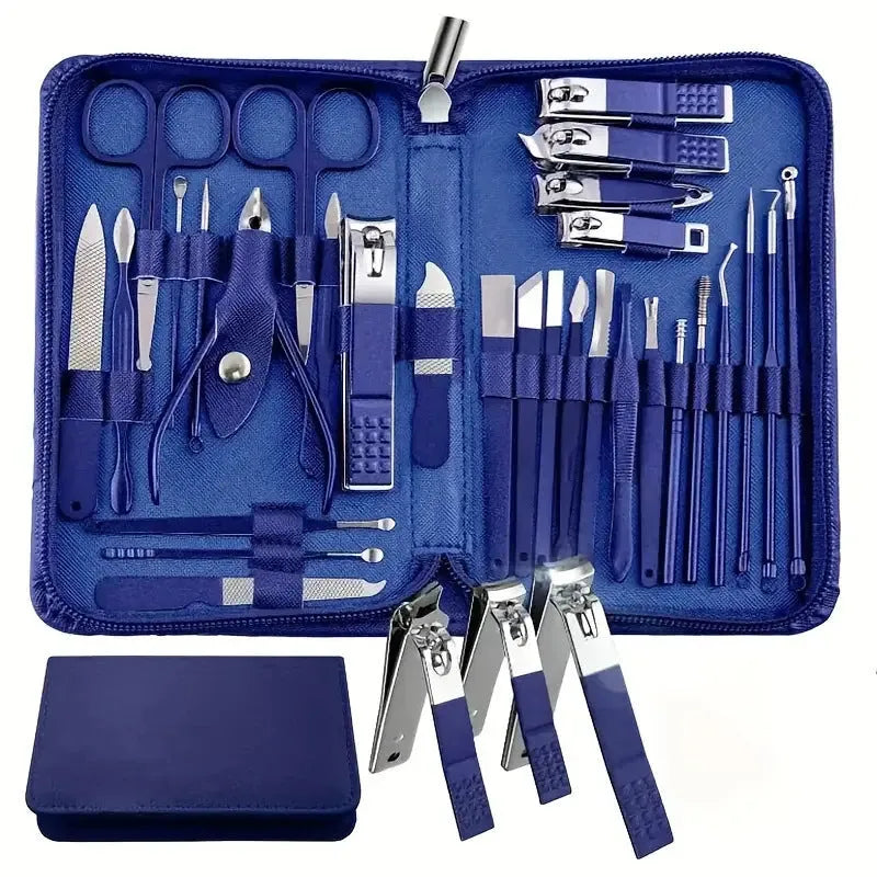 30-piece stainless steel nail tool set in selected colour showing multiple implements