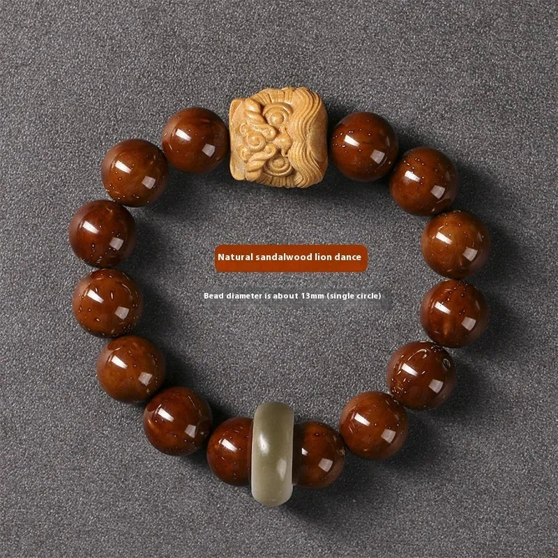 Ivory nut lion style round bead bracelet with 13mm natural seed beads in hand-woven construction