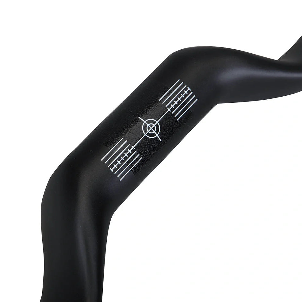 Black carbon fibre bicycle handlebar with bent design showing 125mm vertical rise measurement
