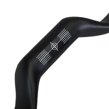 Black carbon fibre bicycle handlebar with bent design showing 125mm vertical rise measurement