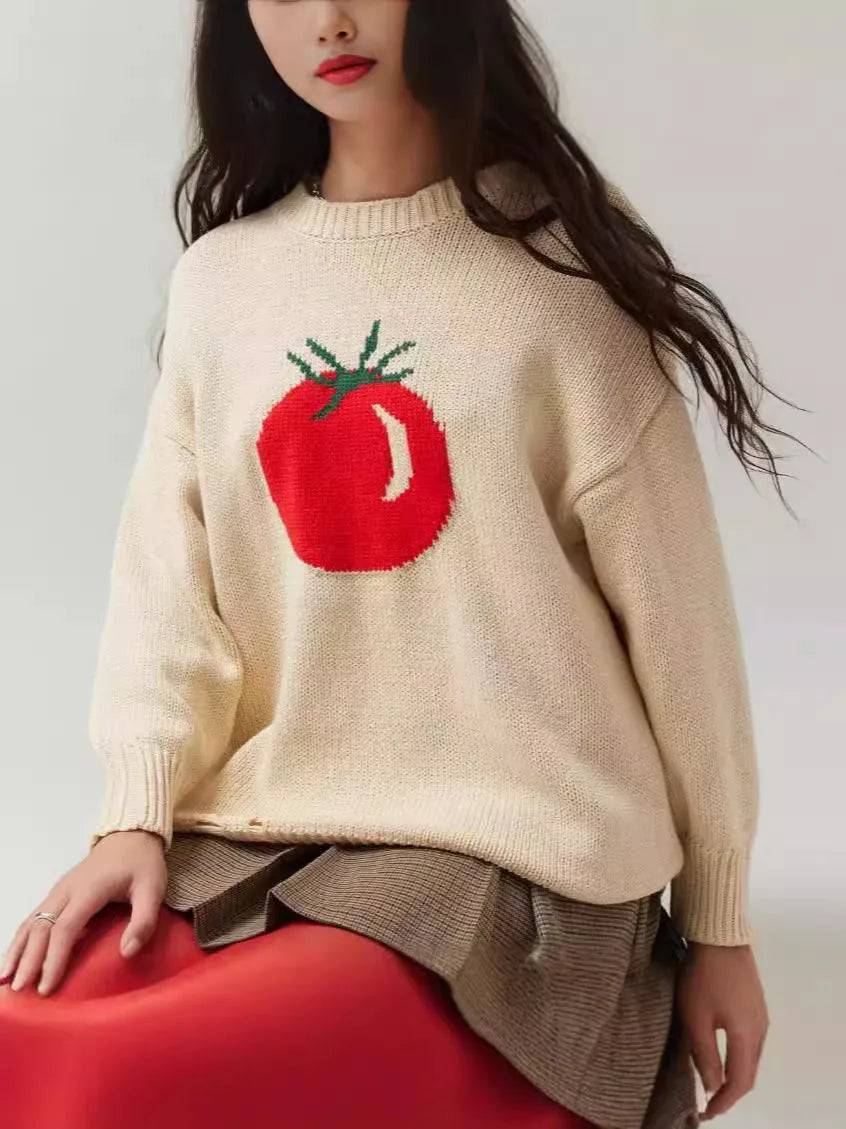 Milky white women's jacquard knit pullover sweater with round neck and long sleeves