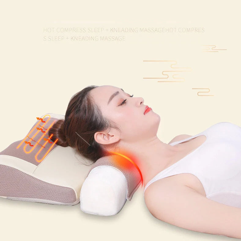 Cervical spine massage pillow with 8 rotating kneading heads and 3 adjustable intensity levels for targeted neck and shoulder relief, featuring infrared heat therapy and automatic timer function