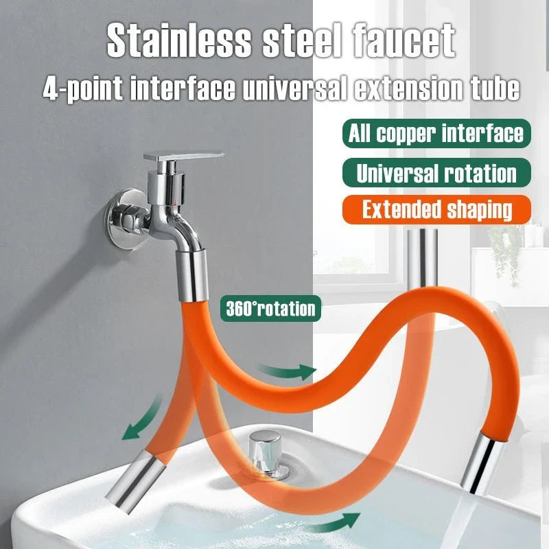 Adjustable 360-degree rotational faucet extender in various colors and sizes for easy bathroom cleaning and organization