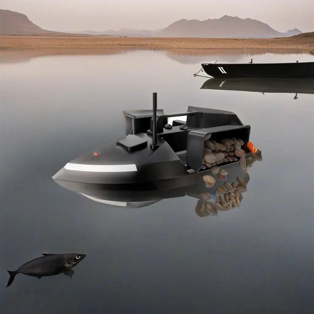 Black and luminous yellow remote control GPS fishing boat with antenna and LED light on open water.
