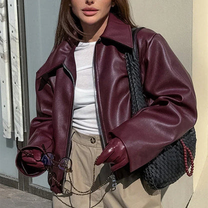 Stylish faux leather zip-up jacket for women in burgundy and black colors