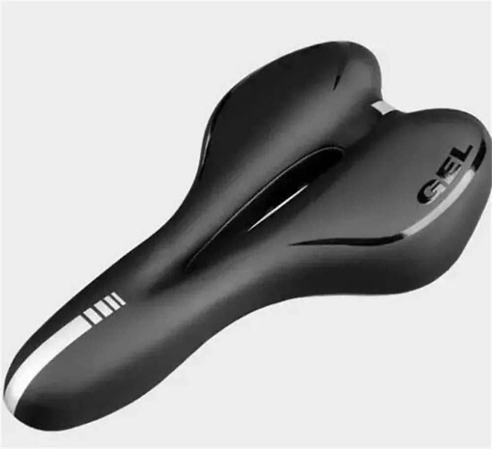 Bicycle saddle cushion with soft silicone top, PU leather cover, and included wrench and repair kit.