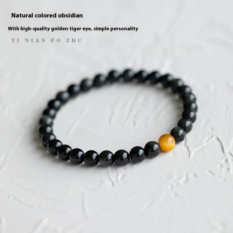 Black obsidian geometric bead bracelet in Korean style, showing 6mm, 8mm and 10mm size options.
